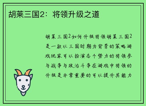 胡莱三国2：将领升级之道